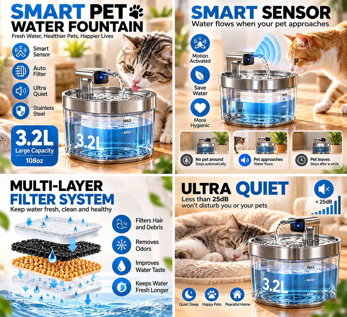 Smart Cat Water Fountain — 3.2L - Sensor • Auto Filter • Ultra Quiet
