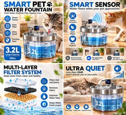 Smart Cat Water Fountain — 3.2L - Sensor • Auto Filter • Ultra Quiet