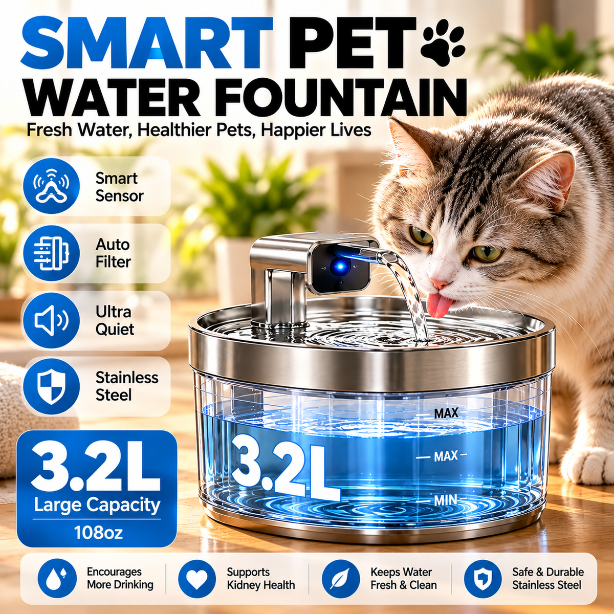 Smart Cat Water Fountain — 3.2L - Sensor • Auto Filter • Ultra Quiet