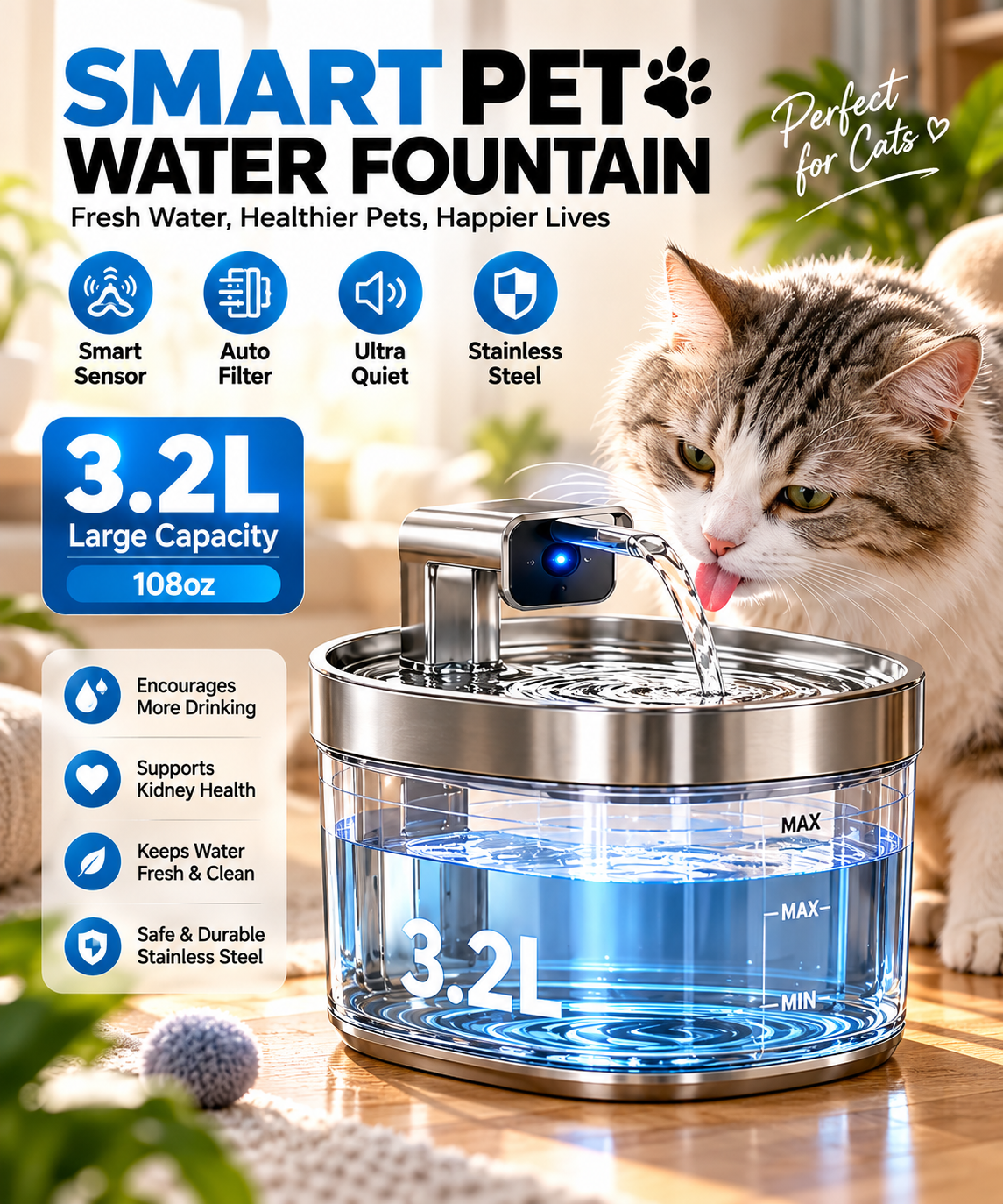 Smart Cat Water Fountain — 3.2L - Sensor • Auto Filter • Ultra Quiet
