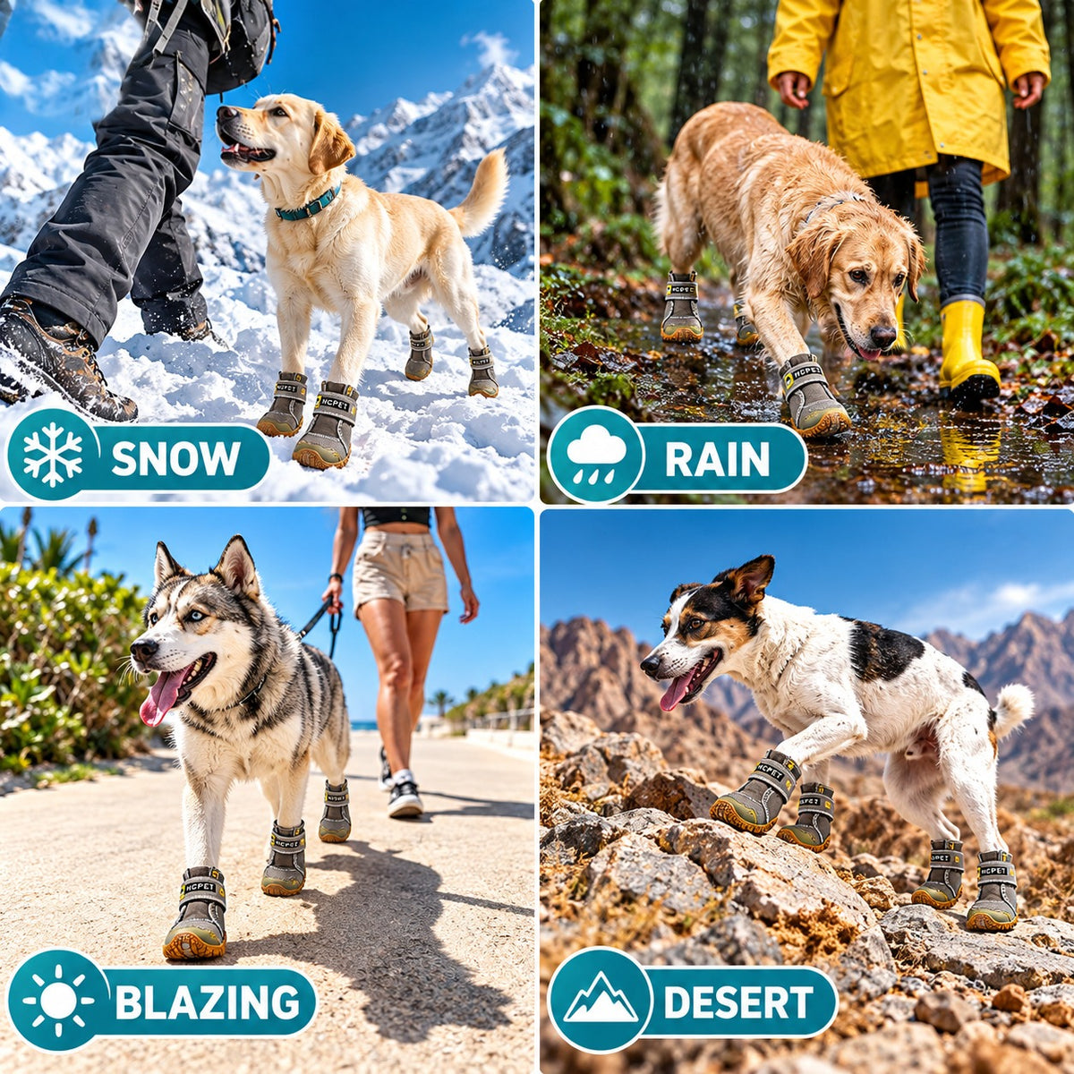 Dog boots for snow, rain, hot pavement and desert