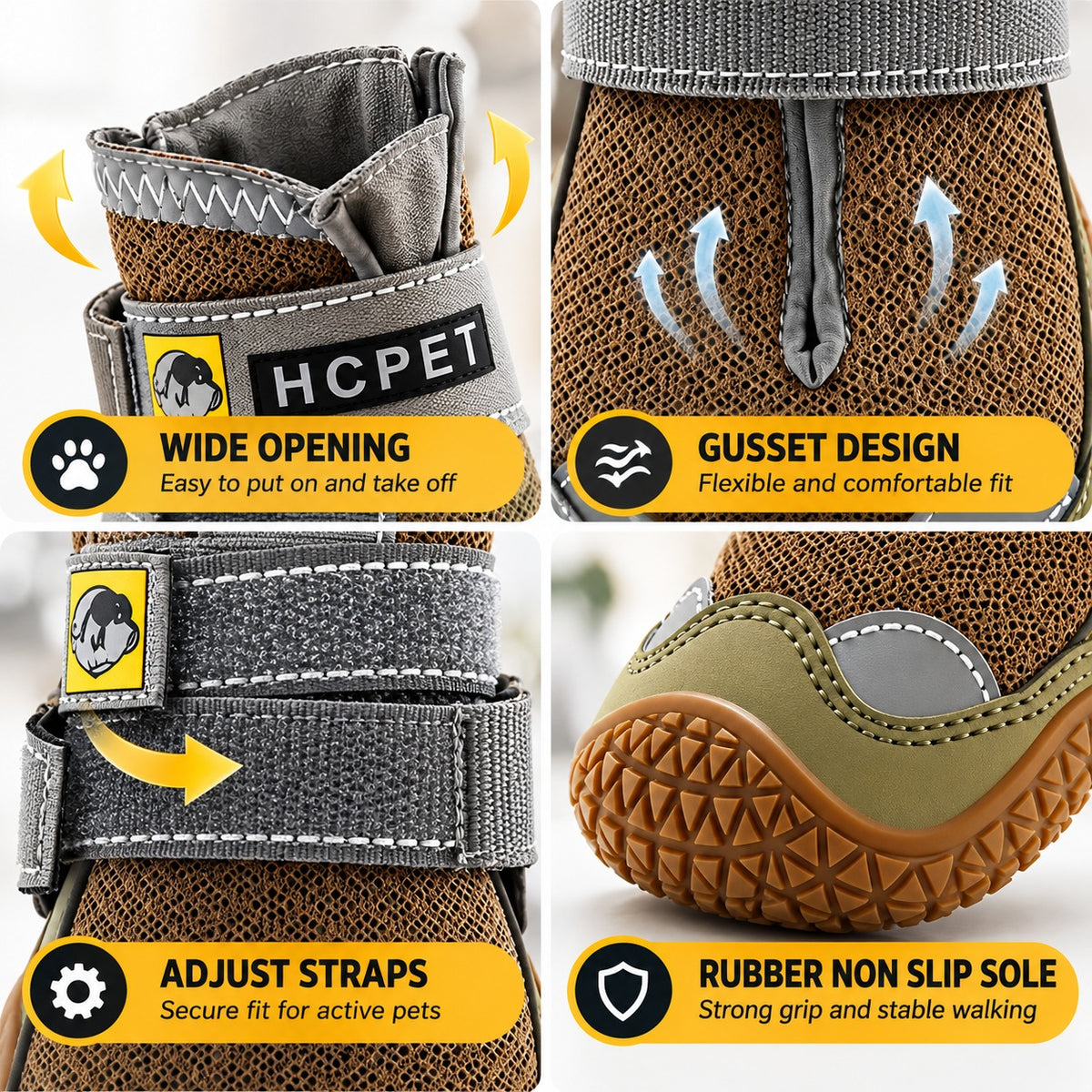 Wide opening, gusset design, adjustable straps, rubber non-slip sole