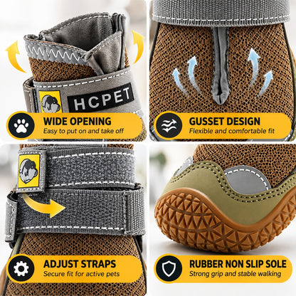 Wide opening, gusset design, adjustable straps, rubber non-slip sole