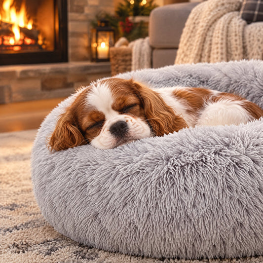 Cavalier puppy sleeping in the gray PawHug Calming Donut Bed