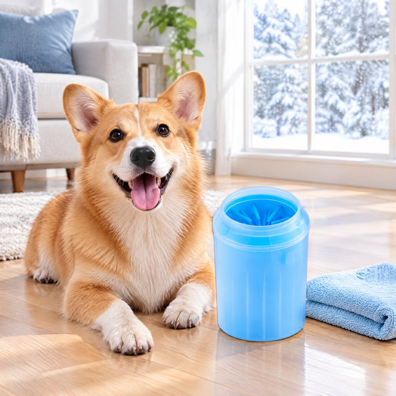 Corgi next to the PawHug Paw Cleaner Cup in a bright living room