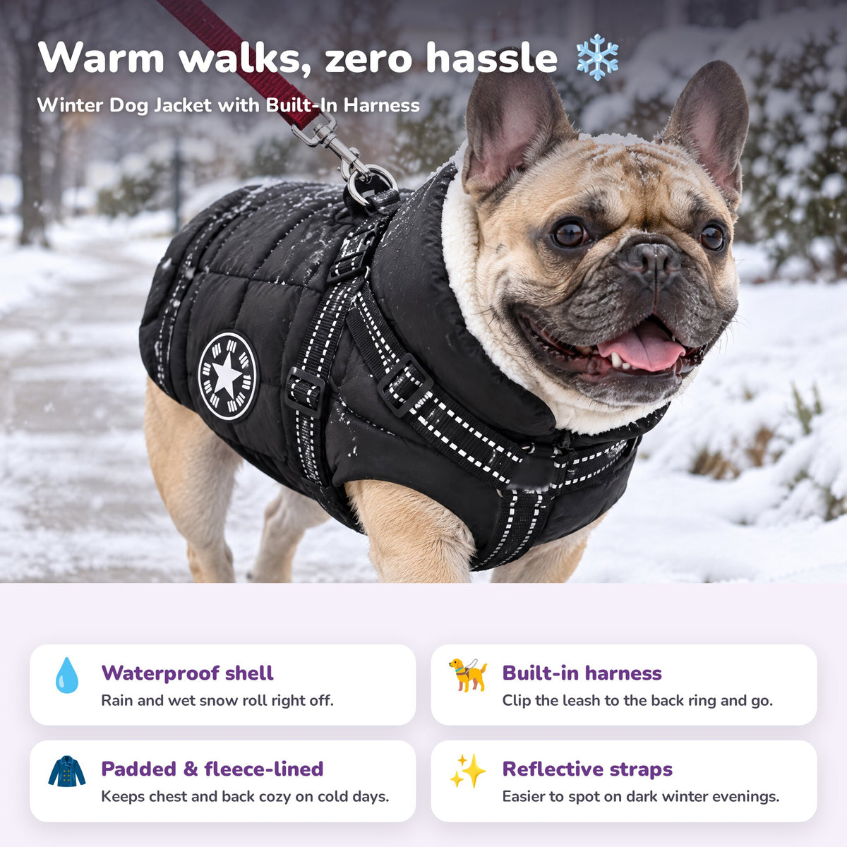 Winter Dog Jacket features: waterproof shell, built-in harness, padded fleece lining, reflective straps